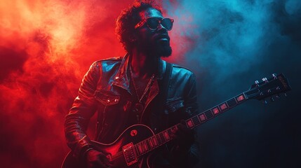 Obraz premium Electric Guitarist in Red and Blue Smoke