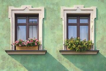 two windows with flower boxes on green wall in hungary