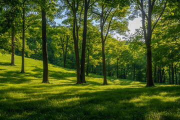 Lush Green Hills with Majestic Trees and Dappled Sunlight Creating a Tranquil and Vibrant Atmosphere in Nature