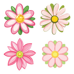 Four charming, colorful pink flowers illustrations for decoration and design.