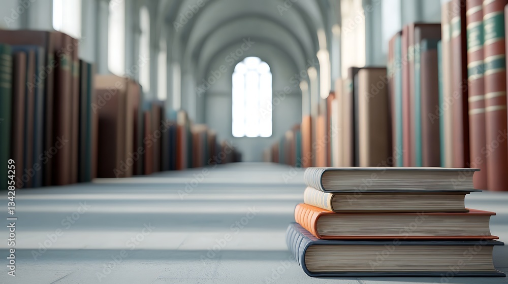 Poster a serene library interior featuring a stack of books in the foreground, with rows of colorful book s