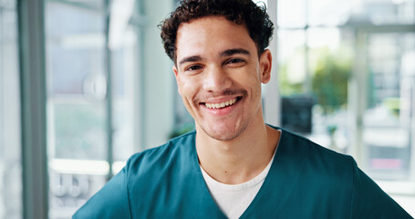 Clinic, nurse and man in portrait with smile, about us and professional career for worker....