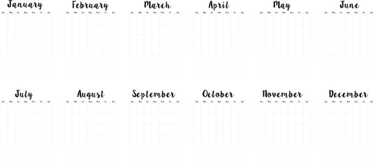 minimalist a4 printable year planner (12 months)  with clean grid layout with goal-setting space for productive time management and customizable scheduling