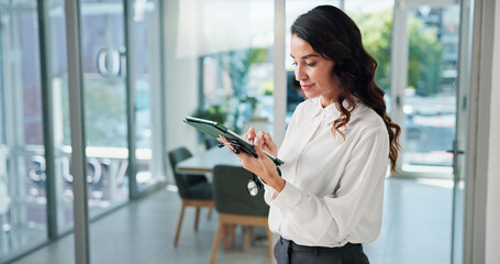 Doctor, stethoscope and tablet with woman in clinic for cardiology, medical or telehealth....