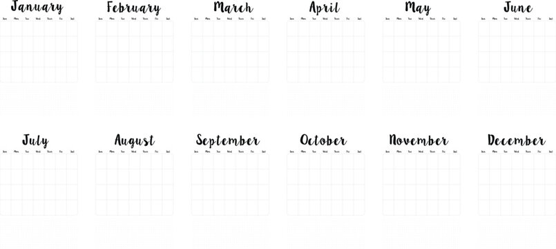 minimalist a4 printable year planner (12 months)  with clean grid layout with goal-setting space for productive time management and customizable scheduling
