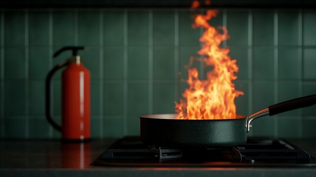 A frying pan with flames erupts on a stovetop, highlighting a dynamic kitchen scene with a fire extinguisher nearby.