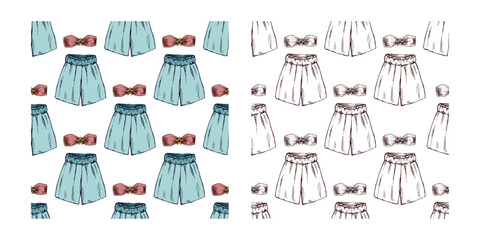 hand drawn colored and monochrome seamless pattern with bikini top and shorts in vintage style