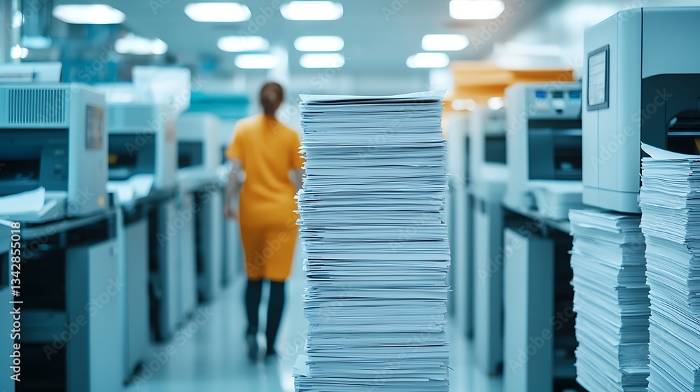 Poster a busy office environment with a stack of printed papers in the foreground and a person in a yellow 