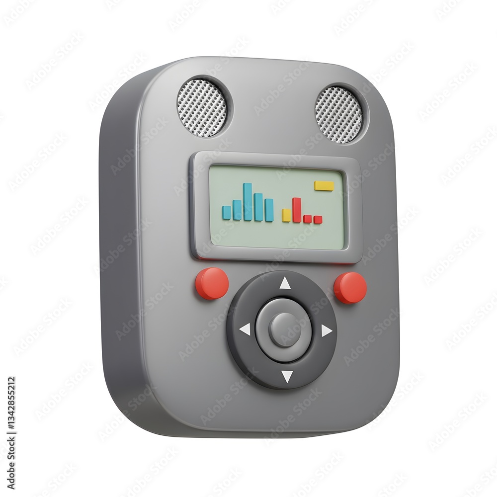 Poster 3d render of a retro-style voice recorder device with digital display and control buttons
