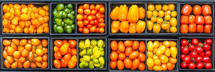 Fototapeta premium Colorful display of fresh tomatoes in market in containers, for sale