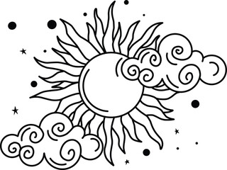 Intricate celestial sun with swirling clouds
