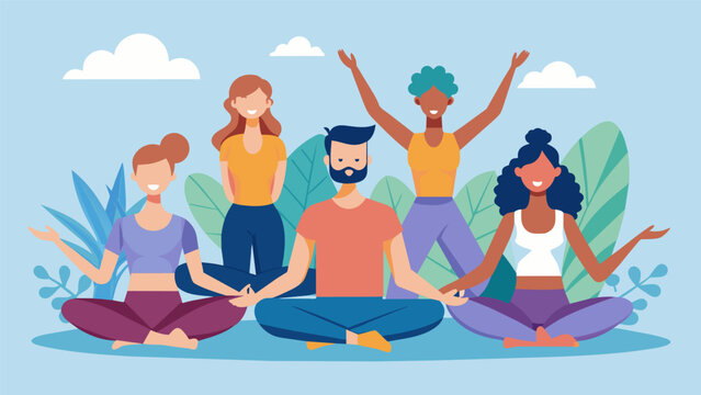 A group of friends practicing yoga fully immersed in the movements and breaths instead of taking selfies for social media.. Vector illustration