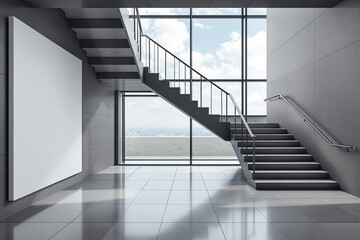 Obraz premium Modern interior with staircase and blank white frame on wall.