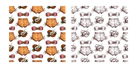 Fototapeta premium hand drawn colored and monochrome seamless pattern with bikini shorts, bandeau top and coconut in vintage style