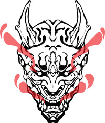 Dark Japanese mask exhaling red vapor