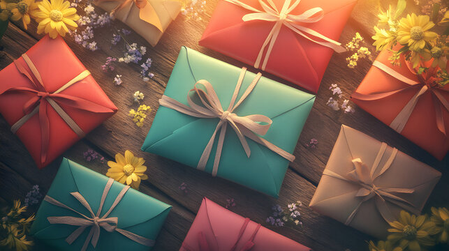 An array of colorful gift boxes with bows perfectly arranged on a table evoking a joyful atmosphere for a family reunion celebration.