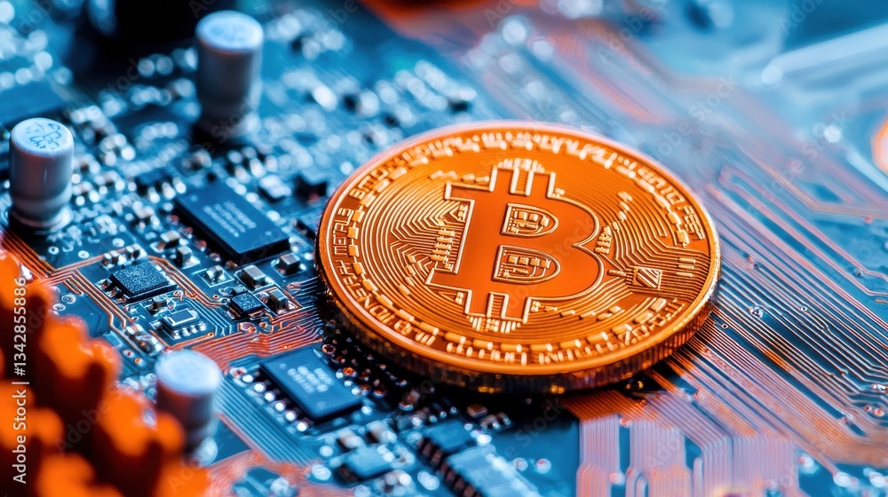 Poster bitcoin cryptocurrency coin on circuit board with technology elements