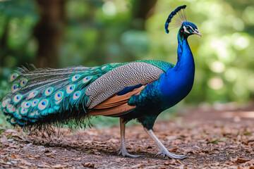 Obraz premium Araffe with a blue tail and green feathers walking on a road