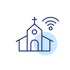 Church with cross and wi-fi symbol. Connection and digital religious presence. Pixel perfect, editable stroke icon