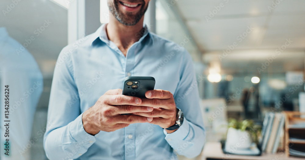 Poster hands, phone and texting by glass in office with smile, contact or notification on web at startup. b