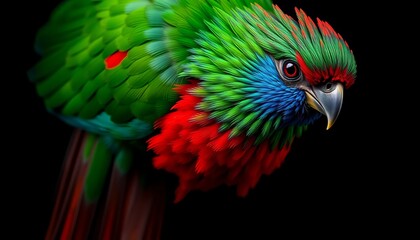 Fototapeta premium Vibrant parrot with a mix of green, blue, and red feathers against a dark background.