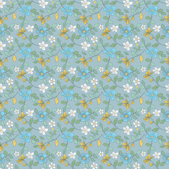 Seamless monochrome floral pattern. White, yellow, blue flowers on a gray background.