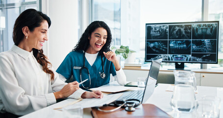 Smile, laptop and doctors in hospital, women or conversation with results for diagnosis. Funny,...