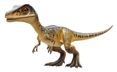 realistic depiction of Velociraptor dinosaur showcases its agile form and sharp claws, with striking pattern of stripes and fierce expression. creature detailed texture highlights its prehistoric