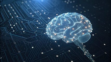 Glowing digital AI brain with intricate neural connections, symbolizing artificial intelligence, technology innovation, and data security concepts.