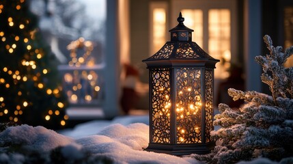 A twinkling Christmas lantern, adorned with intricate lights, casts its warm glow upon a snowy landscape, inviting cozy gatherings and festive celebrations.