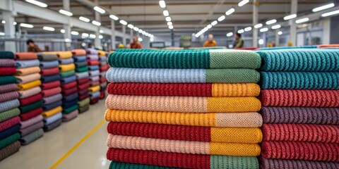 Colorful rolls of woven fabric stacked in a textile factory showcasing vibrant designs and patterns