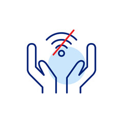 Hands and no wi-fi symbol. Limited connectivity, digital detox and going offline. Pixel perfect, editable stroke icon