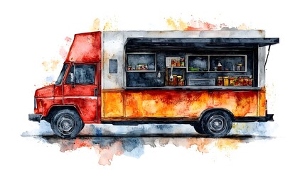 watercolor food truck on white background