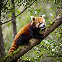 Naklejka premium Red Panda's Tree Perch: A vibrant red panda, showcasing its unique reddish-brown fur and ringed tail, gracefully climbs a tree, its curious gaze meeting the viewer amidst the lush green foliage.