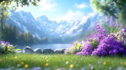 Obraz premium Serene mountain lake landscape. Lush flowers and vibrant greenery frame a tranquil alpine vista