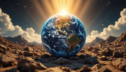 Earth globe radiates light on barren land, showcasing global impact concept