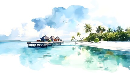 watercolor Maldives island on white background