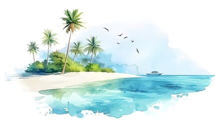 watercolor Maldives island on white background