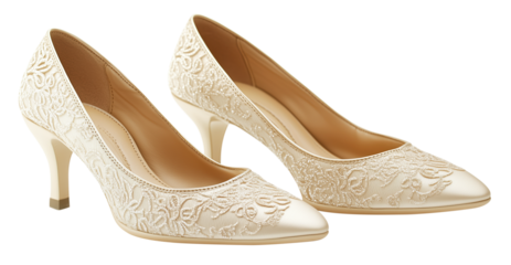 Elegant ivory bridal high heels with intricate lace detailing, perfect for wedding day. shoes feature classic design with comfortable heel height, ideal for brides