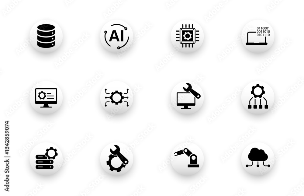 Poster solid vector icon set with technology engineering, robotics, wrench, digital icons.