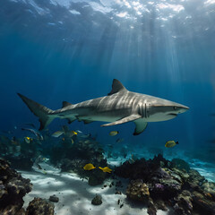 Obraz premium Ocean Predator: a magnificent shark, gliding effortlessly through the azure depths of the ocean, with beams of sunlight piercing the surface, creating a dramatic underwater spectacle.