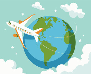 Airplane flying around globe cartoon illustration