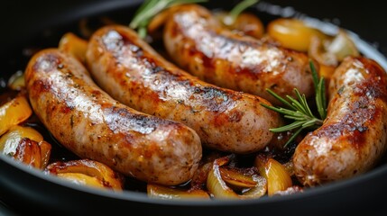 Fototapeta premium A symphony of flavors awaited as plump raw sausages, adorned with a vibrant tapestry of spices and rosemary, simmered on a bed of sizzling onions. Their tantalizing aromas hinted at the culinary