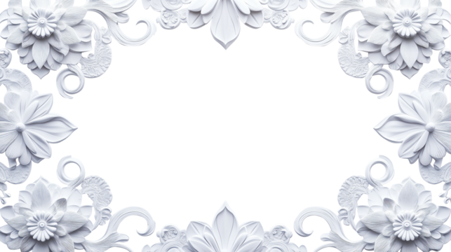 Elegant white floral frame with intricate mandala patterns, featuring detailed flowers and swirling designs on transparency background. Perfect for decorative and artistic projects