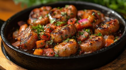 Fototapeta premium Sizzling sausages, adorned with a vibrant sauce and aromatic herbs, ready for a delightful culinary adventure.