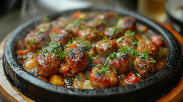 Sizzling sausages, adorned with a vibrant sauce and aromatic herbs, ready for a delightful culinary adventure.