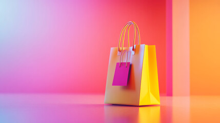 vibrant shopping bag with discount tag stands out against colorful background