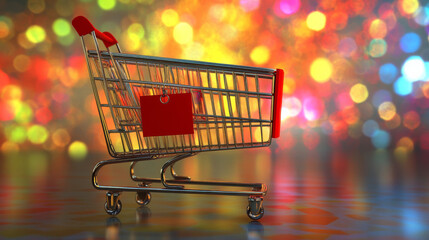 vibrant shopping cart stands out against colorful bokeh background, evoking excitement