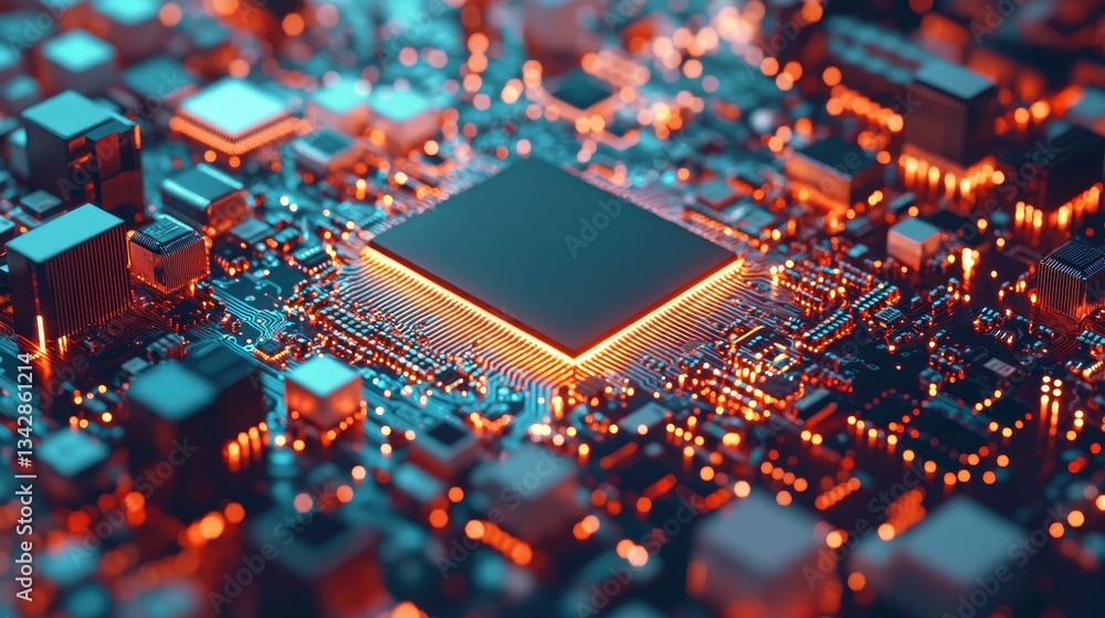 Poster high-tech close-up of microchip with neon glow and circuitry details