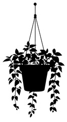 Silhouette of a Hanging Planter with a Potted Creeping Fig Plant, Featuring Long Dangling Stems with Oval Leaves, Suspended by Three Ropes, Representing Indoor Greenery and Home Décor

